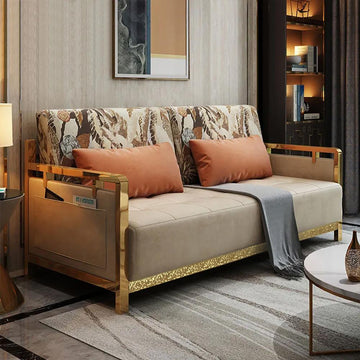 Modern King Convertible Sleeper Sofa Gold Metal Beige Upholstered Sofa Bed Pillow Included